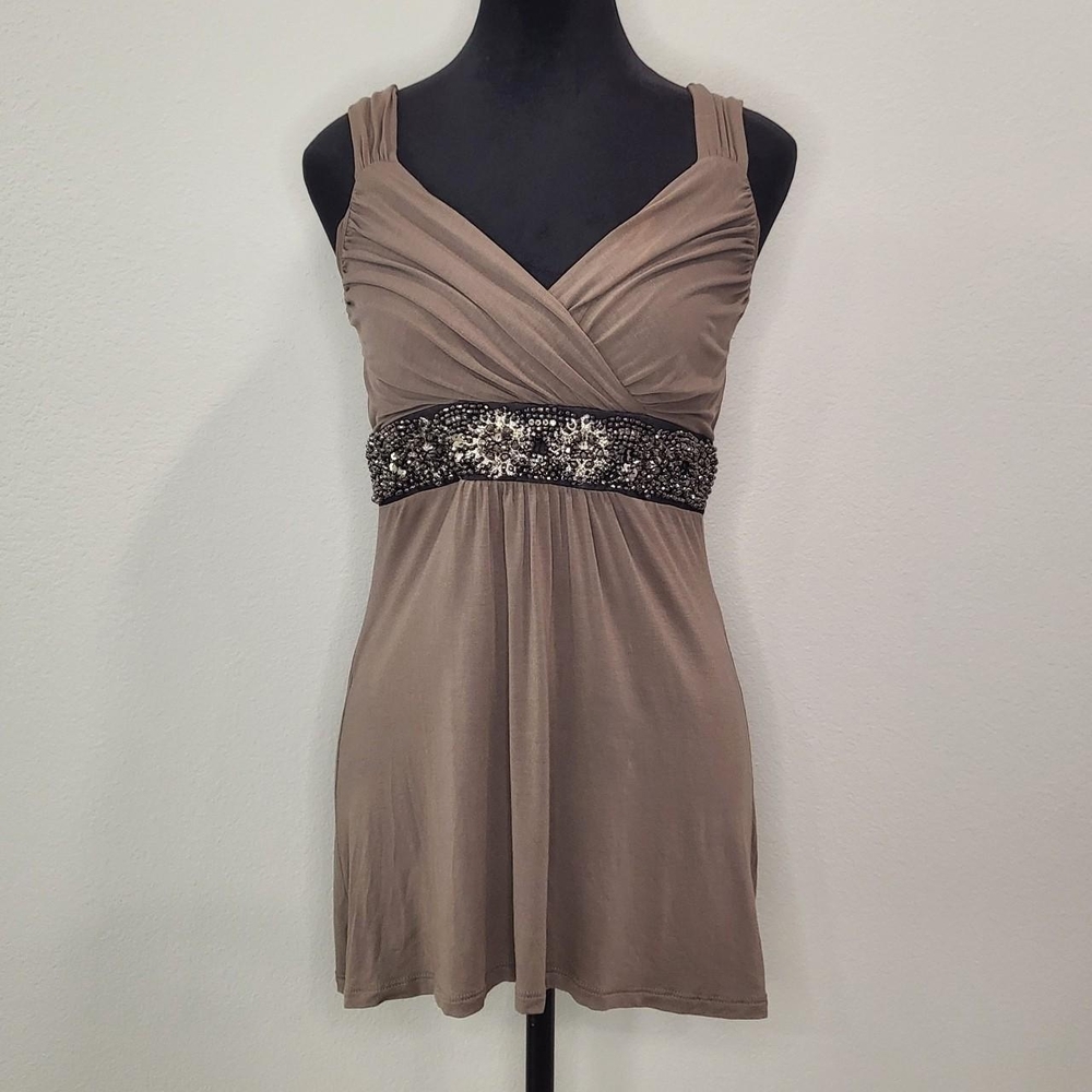 Studio Y Dark Khaki Green Embellished Tank Top